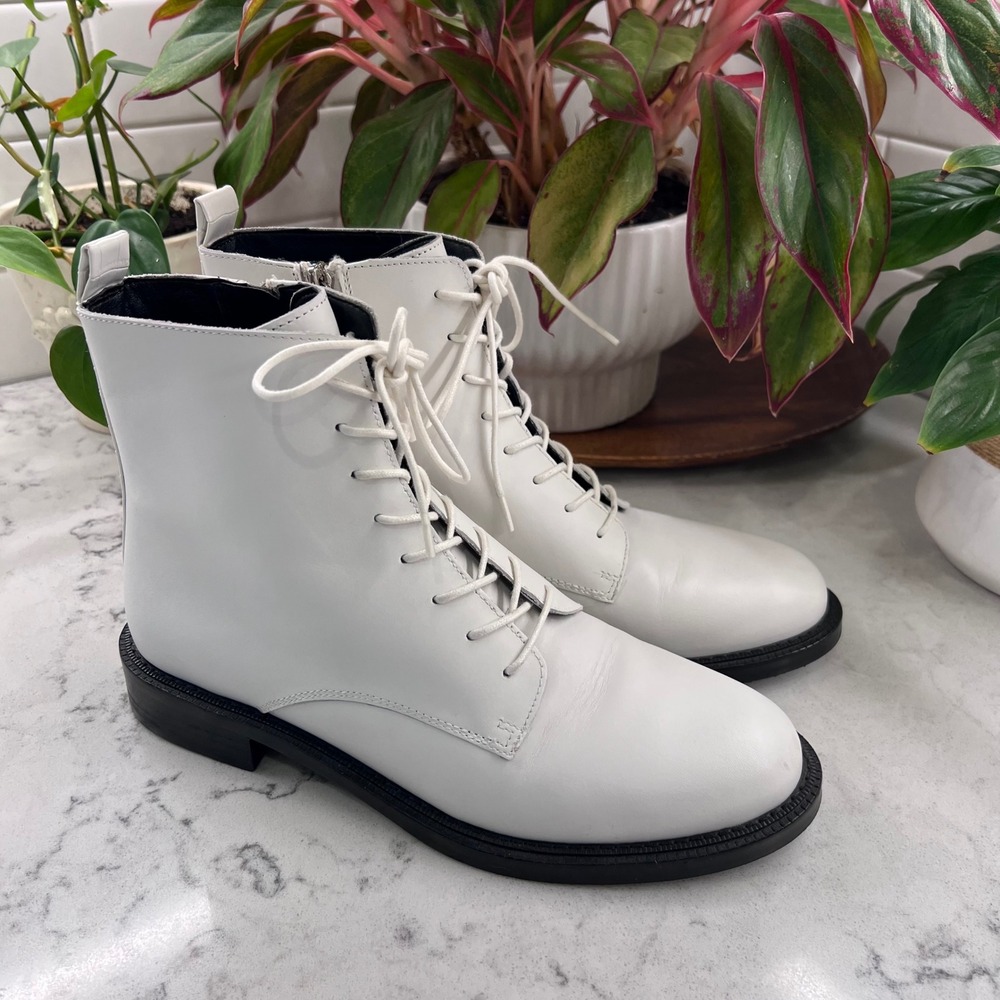 Sam Edelman Nina White Leather Lace Up Side Zip Combat Boots Womens 9M 39 - Picture 1 of 11